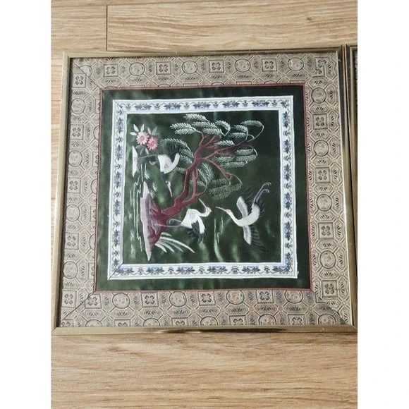 Vintage Framed Asian Silk Embroidered Art Pair Birds Flowers Wall‎ Decor